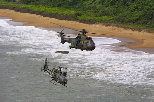 Des hélicoptères Cougar et Gazelle de l'ALAT française (Aviation Légère de l'Armée de Terre) survolent la Côte d'Ivoire