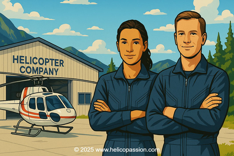 Pilotes homme et femme devant le hangar d'une compagnie d'hélicoptères