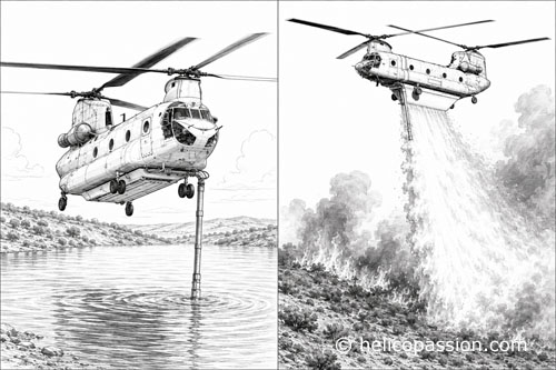 Le Helitak FT-11K en remplissage, avec son réservoir ventral encore replié (à gauche), puis déployé lors d’un largage (à droite)
