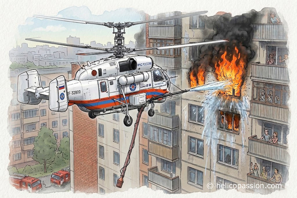 Hélicoptère KA32 utilisant son canon à eau sur un incendie en zone urbaine