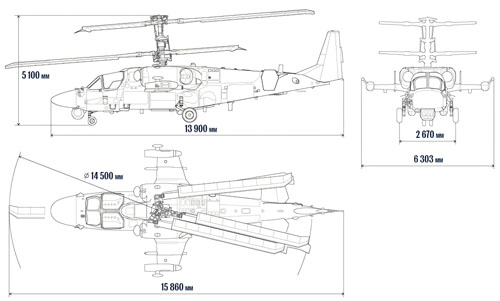 Plan 3 vues de l'hélicoptère KA52K