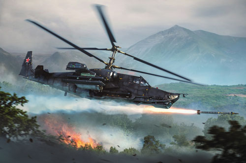 Tir de roquette par un hélicoptère KA50 Black Shark
