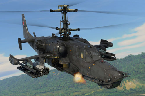 Tir de roquette par un hélicoptère KA50 Black Shark