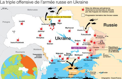 Carte de l'offensive russe en Ukraine du 24 février 2022