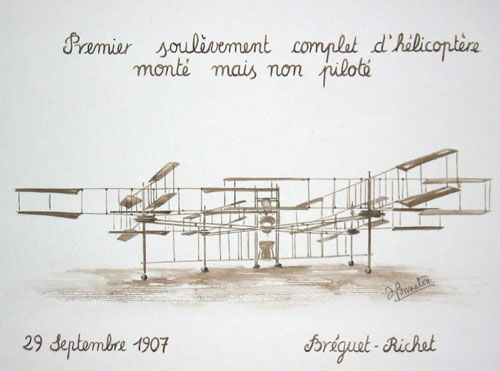 Premier soulèvement complet d'hélicoptère monté mais non piloté : 29 septembre 1907, Bréguet - Richet