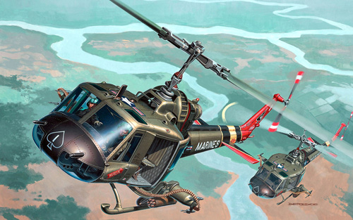 Patrouille d'hélicoptères UH1E Huey des US Marines au Vietnam