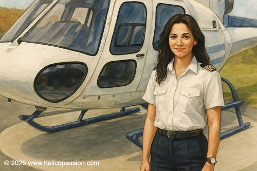 Une femme pilote devant un hélicoptère Ecureuil d'HELILAGON, illustration générée avec l'IA ChatGPT