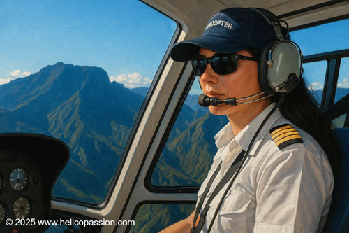 Femme pilote en vol au-dessus de La Réunion, illustration générée avec l'IA ChatGPT