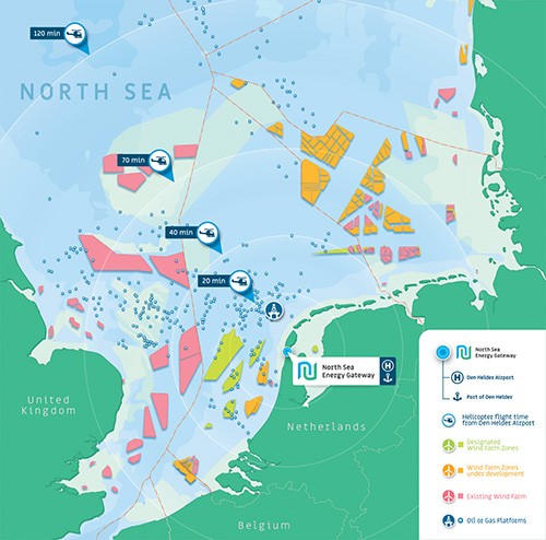 Localisation des plate-formes pétrolières et des fermes d'éolinennes en mer du Nord, avec le rayon d'action des hélicoptères à partir de Den Helder