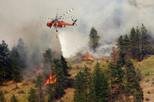 Un hélicoptère S64 AirCrane largue sa charge d'eau au-dessus des flammes d'un incendie de forêt en montagne