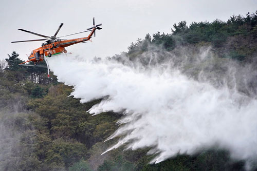 Hélicoptère S-64E Air Crane des pompiers coréens (Korea Forest Service) déversant 8 000 litres d'eau sur un incendie en flanc de montagne