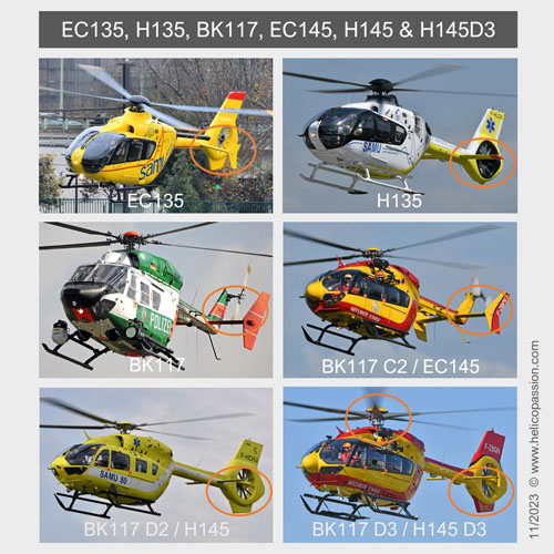 Aide mémoire visuel : comment faire la différence entre un EC135, un H135, un BK117, un EC145, un H145 ou un H145 D3