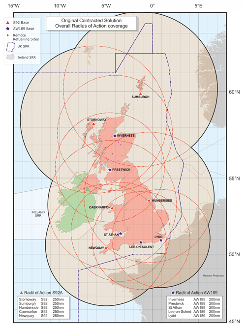 Implantation des 10 bases SAR du Royaume Uni et rayons d'action des hélicoptères S92 et AW189