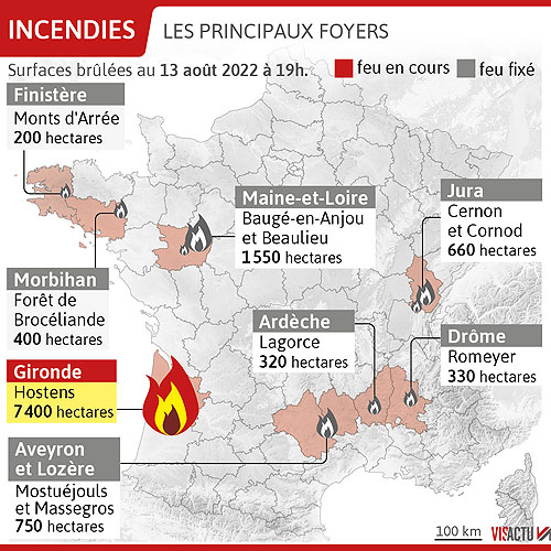 Carte des principaux incendies en France en 2022