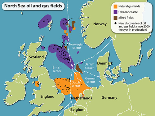 Carte des zones d'exploitations de gaz et de pétrole en Mer du Nord, la zone en violet est desservie à partir de l'héliport d'Aberdeen