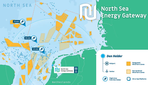 Localisation des plate-formes pétrolières et des fermes d'éolinennes en mer du Nord, avec le rayon d'action des hélicoptères à partir de Den Helder