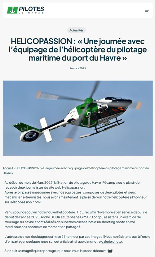 Publication Pilotes Le Havre suite au reportage Helicopassion en 2025