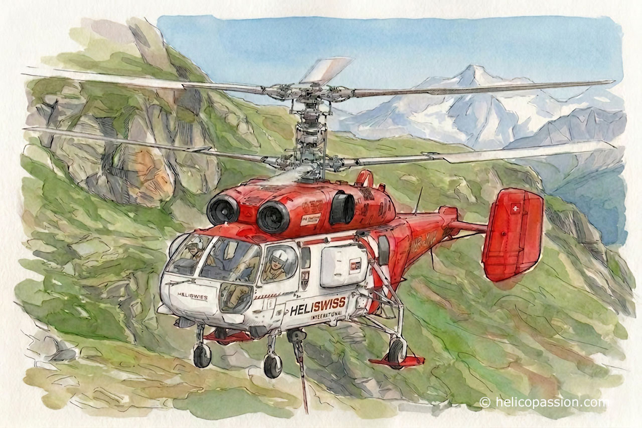 Le KA32 d’Heliswiss en levage héliporté dans les Alpes