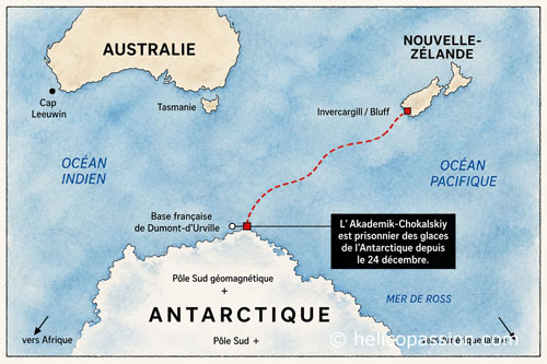 Position du navire russe Akademik Chokalskiy bloqué dans les glaces de l'Antarctique