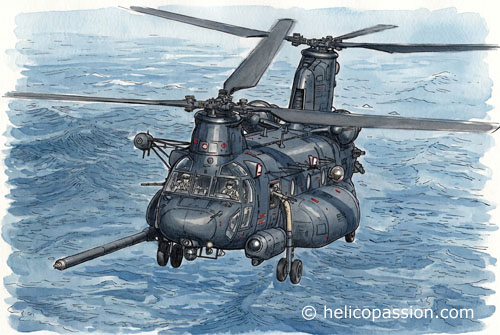 MH47 en vol au-dessus de la mer