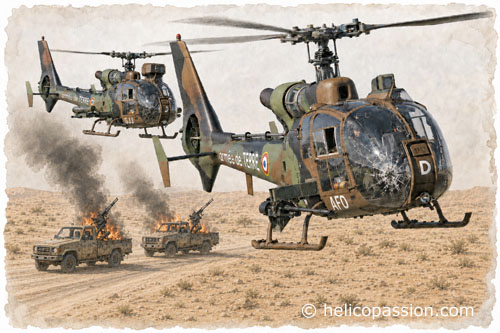 Deux Gazelle, une version Canon et une version HOT, viennent de stopper une colonne de pick-up djihadistes en progression vers le sud du Mali. La Gazelle Canon a été touchée par des tirs d'armes légères qui ont mortellement blessé le lieutenant Damien Boiteux.