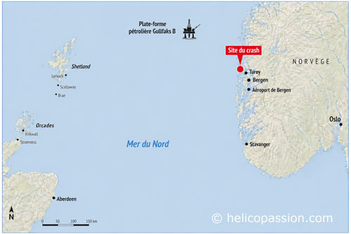 Localisation de l’accident de Turøy, survenu le 29 avril 2016 lors du retour d’un EC225 civil depuis la plate-forme Gullfaks B vers Bergen