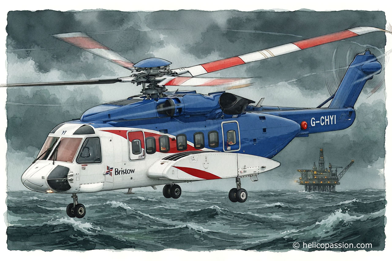 Un hélicoptère S92 de la compagnie Bristow au retour d'une plate-forme offshore en mer du Nord