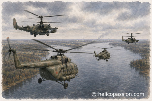 Un groupe d'assaut composé de plusieurs MI17, escortés par des KA52 Alligator, remonte le Dniepr en direction de l'aéroport d'Hostomel le 24 février 2022