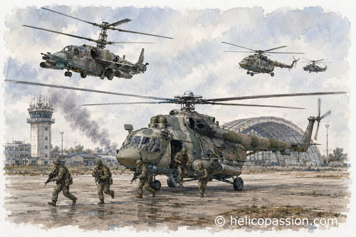 Sous la protection d'un KA52 Alligator, un MI17 dépose des troupes sur le tarmac de l'aéroport d'Hostomel lors de l'assaut aéroporté du 24 février 2022