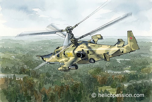 Hélicoptère d'attaque KA50 Black Shark n°25 en camouflage sable - vert de l'armée russe