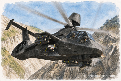 RAH66 Comanche avec radar de conduite de tir au-dessus du rotor et ailerons d’emport extérieurs