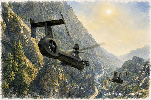 Patrouille de deux RAH66 Comanche en vol tactique dans une vallée