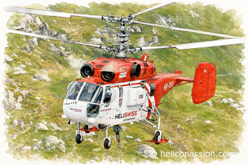 Le KA32 d’Heliswiss en levage héliporté dans les Alpes