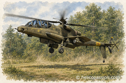 Vu à l’atterrissage, l’AH-56 Cheyenne se distingue par son long fuselage effilé et l’important porte-à-faux de sa partie avant, caractéristique de son architecture