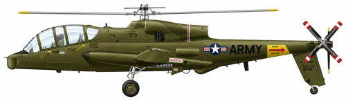 Profil de l’AH-56 Cheyenne dans sa livrée verte avec les marquages US Army portés au cours du programme d’essais