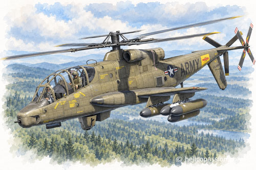 Le Cheyenne dans une configuration d’emport maximale en roquettes : huit paniers de 19 roquettes FFAR, soit jusqu’à 152 roquettes au total