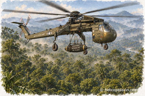Un CH-54A Skycrane transporte une bombe M121 de 4,5 tonnes au-dessus de la jungle vietnamienne. En 1968, dans le cadre du programme Combat Trap, ces bombes sont larguées pour dégager des zones d’atterrissage destinées aux hélicoptères.