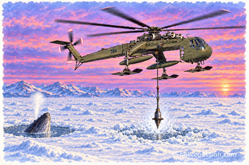 Un CH-54B Skycrane de la Garde nationale d'Alaska utilise une masse de cinq tonnes suspendue sous élingue pour briser la banquise près de Point Barrow, en octobre 1988.
