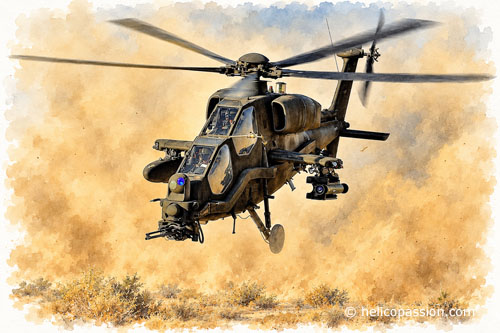 Un hélicoptère d'attaque A129 Mangusta au décollage dans un nuage de sable