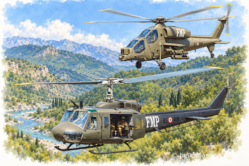 Un hélicoptère d'attaque A129 Mangusta escorte un hélicoptère de transport  en Albanie en 1997, les deux appareils portent le marquage FMP