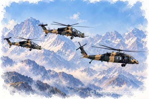 Deux T129 ATAK escortent un Black Hawk de l’Armée de terre turque au-dessus du Kurdistan irakien